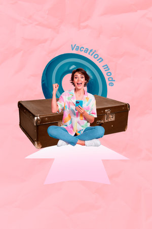Sketch image trend artwork photo collage of young lady sit hold samrtphone huge luggage vacation mode voyage journey tourist agency beachの写真素材