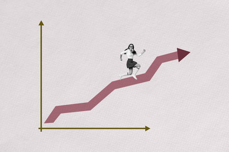 Pop art collage of person stand run arrows up research on pink backgroundの写真素材