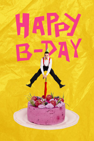 Composite sketch image design trend artwork collage of young man jump hold umbrella cake sweet...