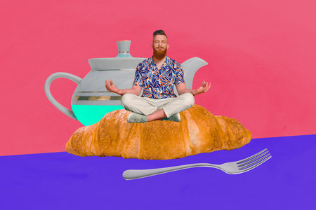 Full banner sketch photo collage of happy girl guy hold croissant bakery puff dough nutrition junk...