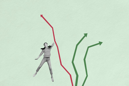 Creative pop collage of woman air fly achieve up with arrows on green backgroundの写真素材