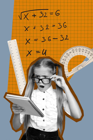 Vertical image pop artwork collage of shocked schoolgirl hold notepad exam formula algebra test...