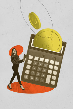 Sketch image trend artwork 3D photo collage of calculator young lady walk hold laptop coins money budget bank investment dollars currencyの写真素材