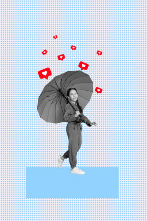 Banner 3d image pop vertical collage of happy small teenage girl hold umbrella walk like reaction blogger feedback notificationの写真素材