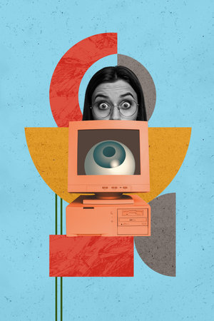 Art vertical photo collage of happy girl guy peek pc monitor eyeball stare antivirus protection spyware hacking app all-seeingの写真素材