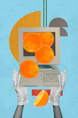 Banner 3d magazine pop picture collage image of hands wear glove show orange fruit pc monitor detox...