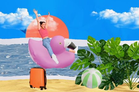 Sketch composite photo collage trend artwork of young lady sit runnber duck funne bag ball plant holiday vacation tourist outdoors weekendの写真素材