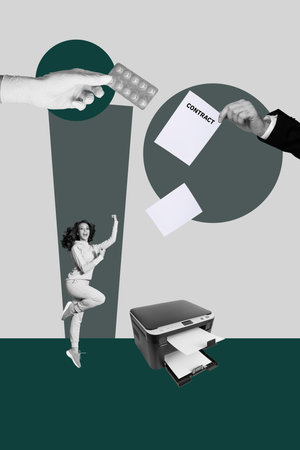 Image banner vertical art collage of happy employee girl guy stand office laser printer contract...