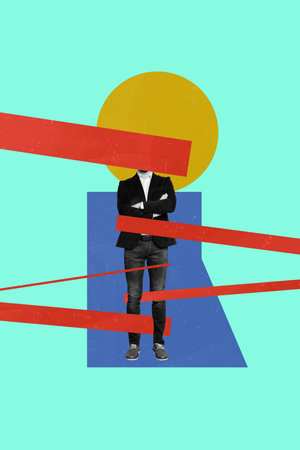 Trend artwork composite banner 3D photo collage of headless body man stand posing sun plank overcome...