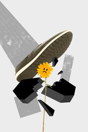 Vertical image art collage of human leg wear sneakers step sunflower sad emoji environmental damage agriculture protectionの写真素材