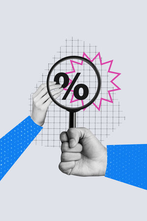 Poster sketch image artwork 3D photo collage of percent inflation hand hold magnifier glass rich...
