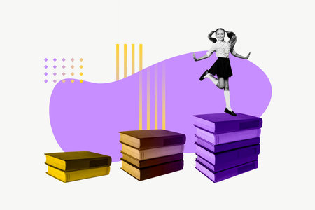 Composite 3D photo collage design trend sketch of pile book library young age schoolgirl walk september academic class university studentの写真素材