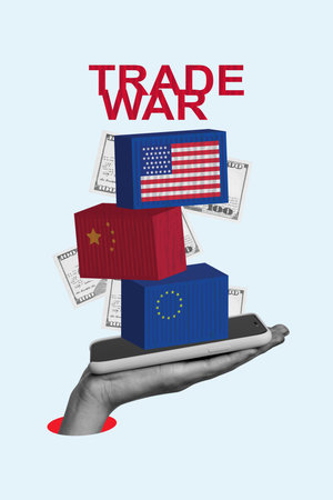 Creative design composite trend artwork collage of hand hold smartphone pile box china usa eu budget finance decline trade war crisisの写真素材