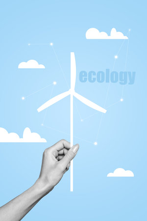 Composite image montage artwork collage of air renewable energy hand hold turbine planet support activist volunteer green responsibilityの写真素材