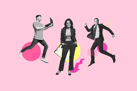 Exclusive poster creative collage of happy businesswoman businessman teamwork cooperation hold...