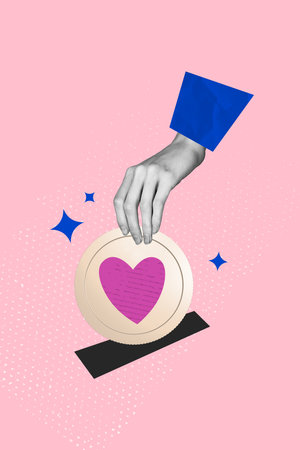 Trend artwork poster composite sketch image collage of volunteer hand hold coin heart help society foundation social care sharing savingsの写真素材