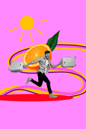 Poster image sketch vertical collage of happy man run summer vacation preparation carry suitcase orange fruit lemonade drinkの写真素材