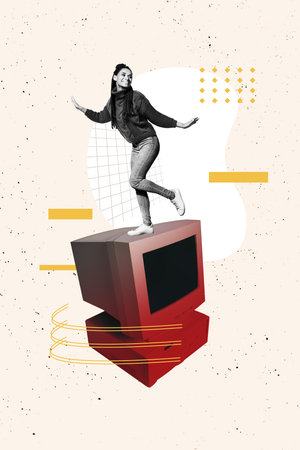 Sketch design trend artwork poster 3D photo collage of young lady stand computer monitor stand smile virtual online remote psychedelicの写真素材