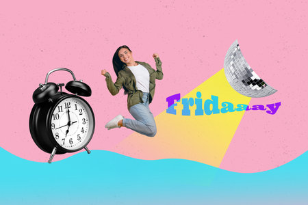 3d sketch image full pop collage of happy girl guy dance disco ball friday mood celebration party chill occasion enjoy alarm clockの写真素材