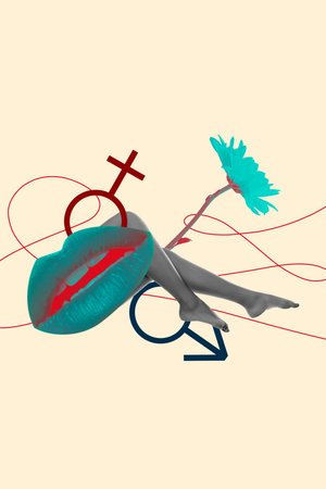 Trend composite sketch template 3D photo collage of lips mouth open barefoot legs posing flower bouquet flirty body beauty desire intimacyの写真素材