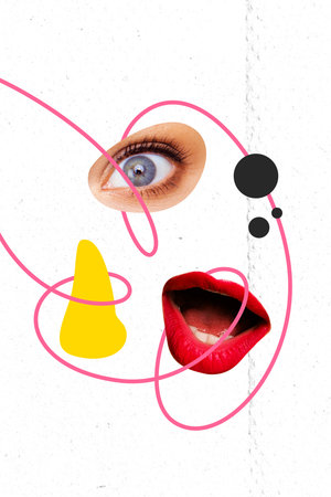 Trend template sketch design 3D collage of mouth lips open eyes watch contemporary flyer creative caricature dream line doodle psychedelicの写真素材