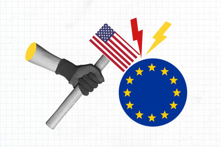 Creative composite sketch design collage of trade war economy crisis international market hand hold hammer usa flag bolt european unionの写真素材