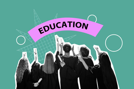 Trend artwork composite banner photo collage of education banner college diploma study university success team crowd man lady stand backの写真素材