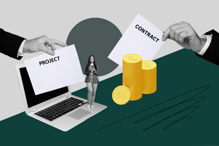 Trendy pop creative collage of hands show project contract paper sheet coin dollar income laptop freelancer income bonusの写真素材
