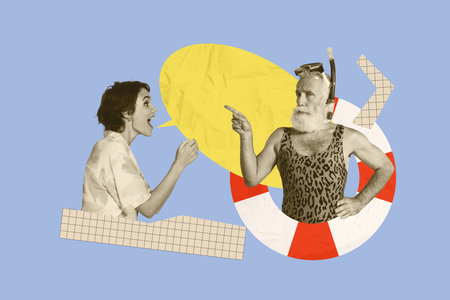 Sketch image trend 3D photo collage of voyage journey tourist young lady hold balloon mind note dialog aged man diving mask finger pointの写真素材