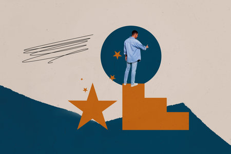 Art image creative photo collage of happy businessman businesswoman stand arrow development star review best mark achievementの写真素材