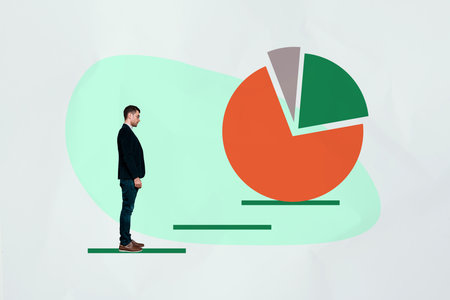 3d pop image zine art collage of happy businesswoman businessman stand career ladder development diagram statistics progressの写真素材
