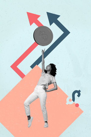 Banner art collage of business person touch coin having arrows up dollars sign on blue backgroundの写真素材