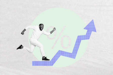 3D photo collage template trend artwork sketch of young man run excited arrow up percent currency...