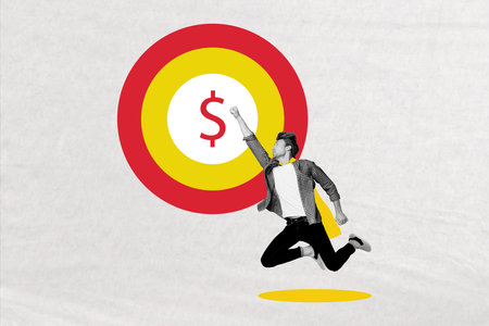 Sketch composite 3D photo collage trend artwork of young man superhero fly aim goal salary wealth finance currency savings successの写真素材