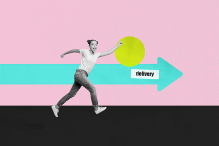 Composite poster image art collage of happy girl guy carry delivery box arrow direction shipment courier service packageの写真素材