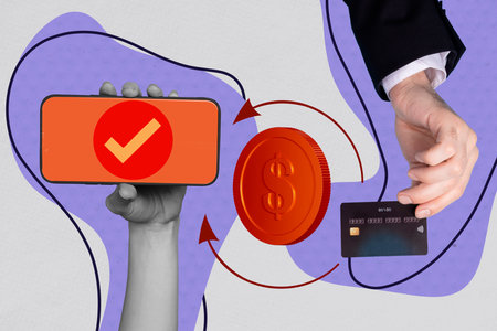 Trend artwork template design 3D collage sketch of hand hold phone transaction coins credit bank card bank wealth cash income salaryの写真素材