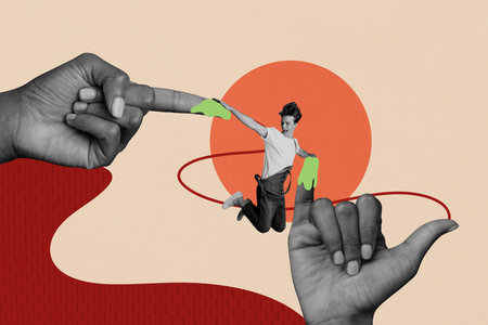 Sketch design trend artwork poster 3D collage of sign body language showing hand gesture young man...