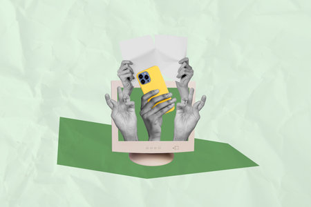 Trend pop collage of computer screen with phone paper finger gesture on green backgroundの写真素材