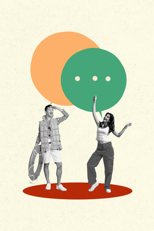 Composite artwork photo collage template of feedback box sticker speech cloud couple young man lady headphones stand summer trip holidayの写真素材