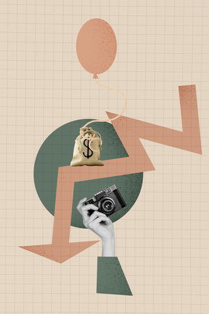 Vertical pop sketch 3d collage of business human hand point dollar inflation currency regress arrow decline economy crisisの写真素材