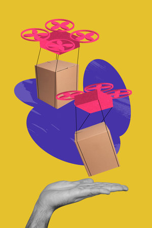 Image zine trend photo collage of hand send parcel box shipment drone technology fast distribution delivery service conceptの写真素材