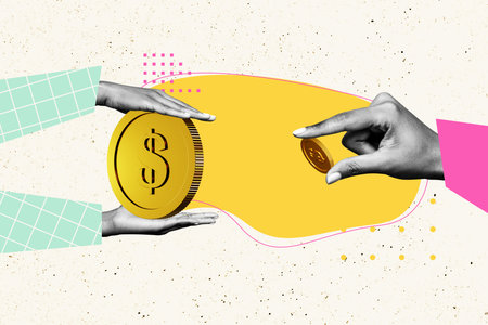 3d trendy image photo collage of hands hold dollar coin income success capital jackpot exchange brine corruption paymentの写真素材