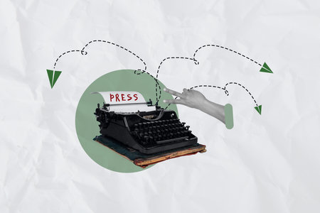 Art poster collage of type machine with arrows sending press paper show v sign on grey backgroundの写真素材