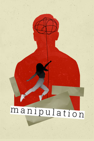 Zine banner vertical pop photo collage of anonym girl hand rope manipulation human brainwash scribble promote exploitationの写真素材