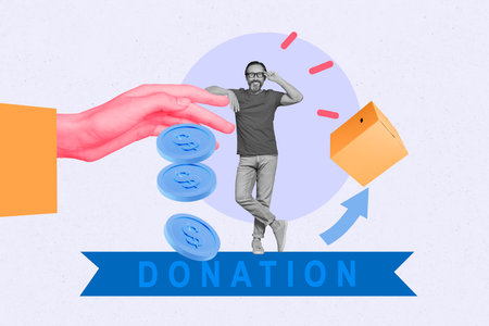 3D photo collage template artwork sketch of arrow box hand hold pile coins patronizing generosity support charity donation aged man smileの写真素材