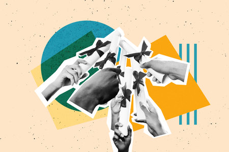 Full trendy sketch image photo collage of students hands crowd hold diploma paper roll university graduation concept learnerの写真素材