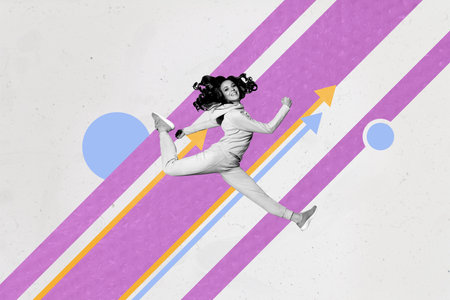 Pop zine sketch artwork collage of happy businessman businesswoman stand arrow development success statistics aim achievementの写真素材