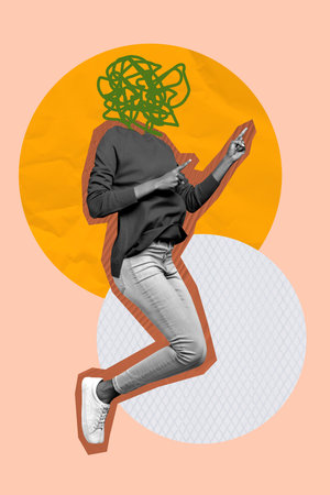 Trend creative sketch 3D photo collage of creative space sticker woman body headless jump thoughts hand gestures finger point showingの写真素材