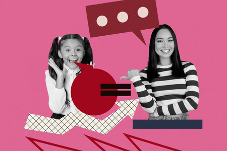 Exclusive magazine picture sketch collage image of two happy mother daughter school nerd pupil...