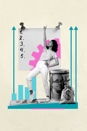 Banner art creative trend collage of happy businessman businesswoman workplace dollar income arrow aim to do task stickerの写真素材